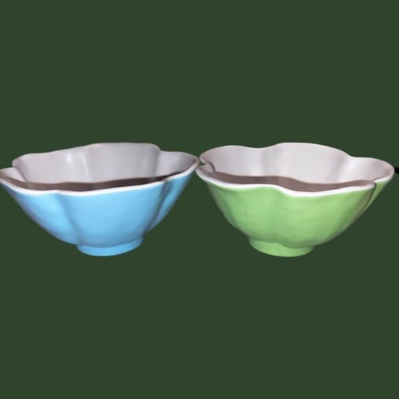 2 Merritt Melamine Green & Blue Floral Sketchbook Watercolor Look Salad Bowls - Picture 2 of 4